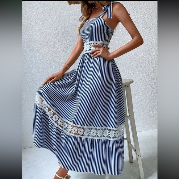 Boho Stripes Floral Lace Strap Tie Shoulder Cami Maxi Dress - Picture 7 of 12